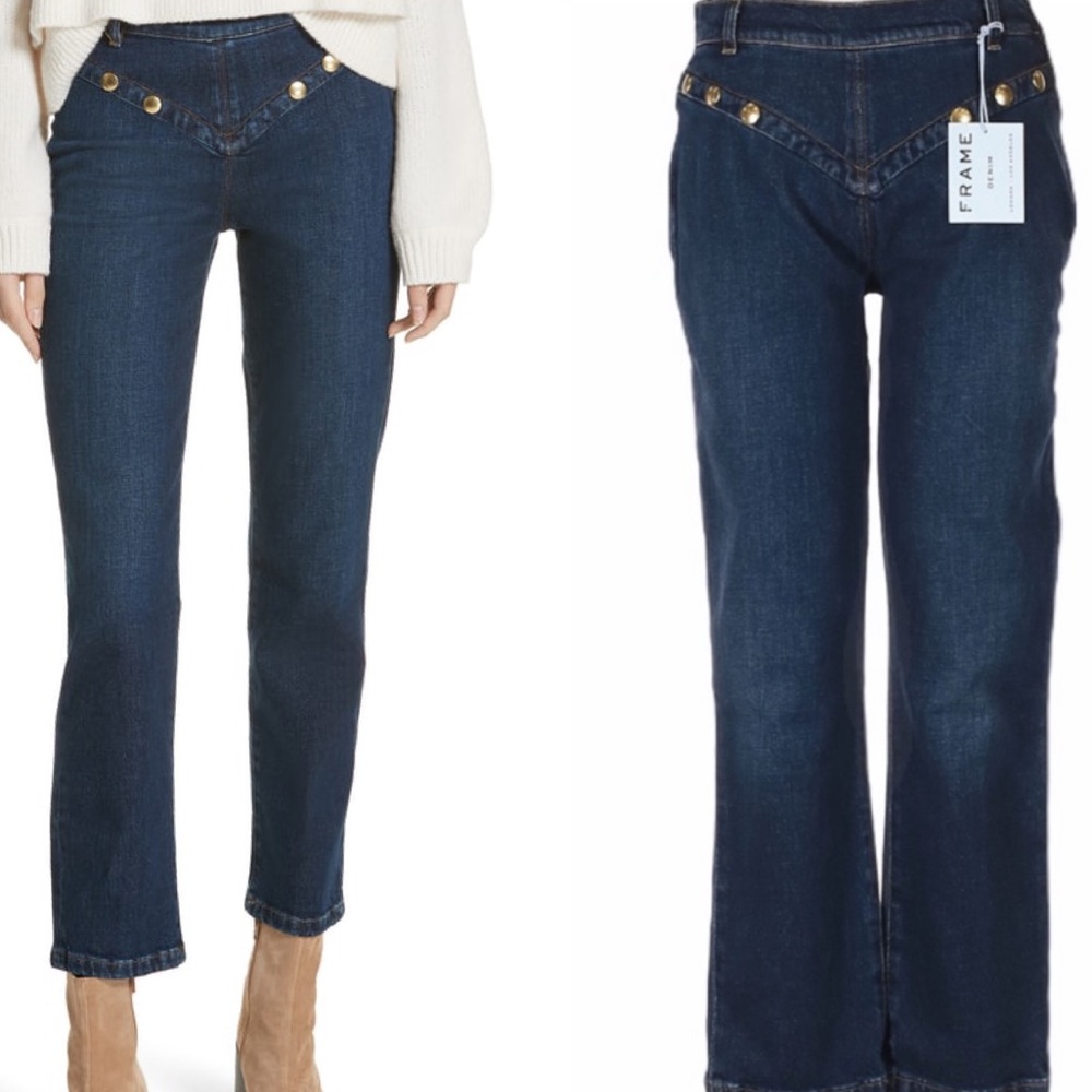 FRAME Denim High Rise Straight Leg ankle Embellished button Jeans NWT size 29